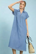 Stone Washed Collared Denim Midi Dress in Light Denim for Women