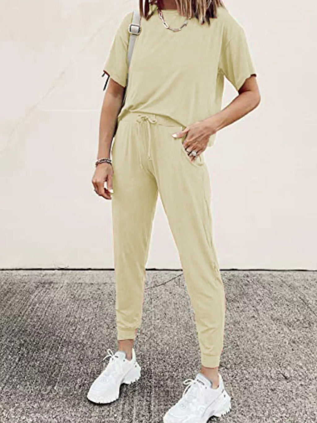 Round Neck Top and Drawstring Pants Set Plus Size in Grey for Women
