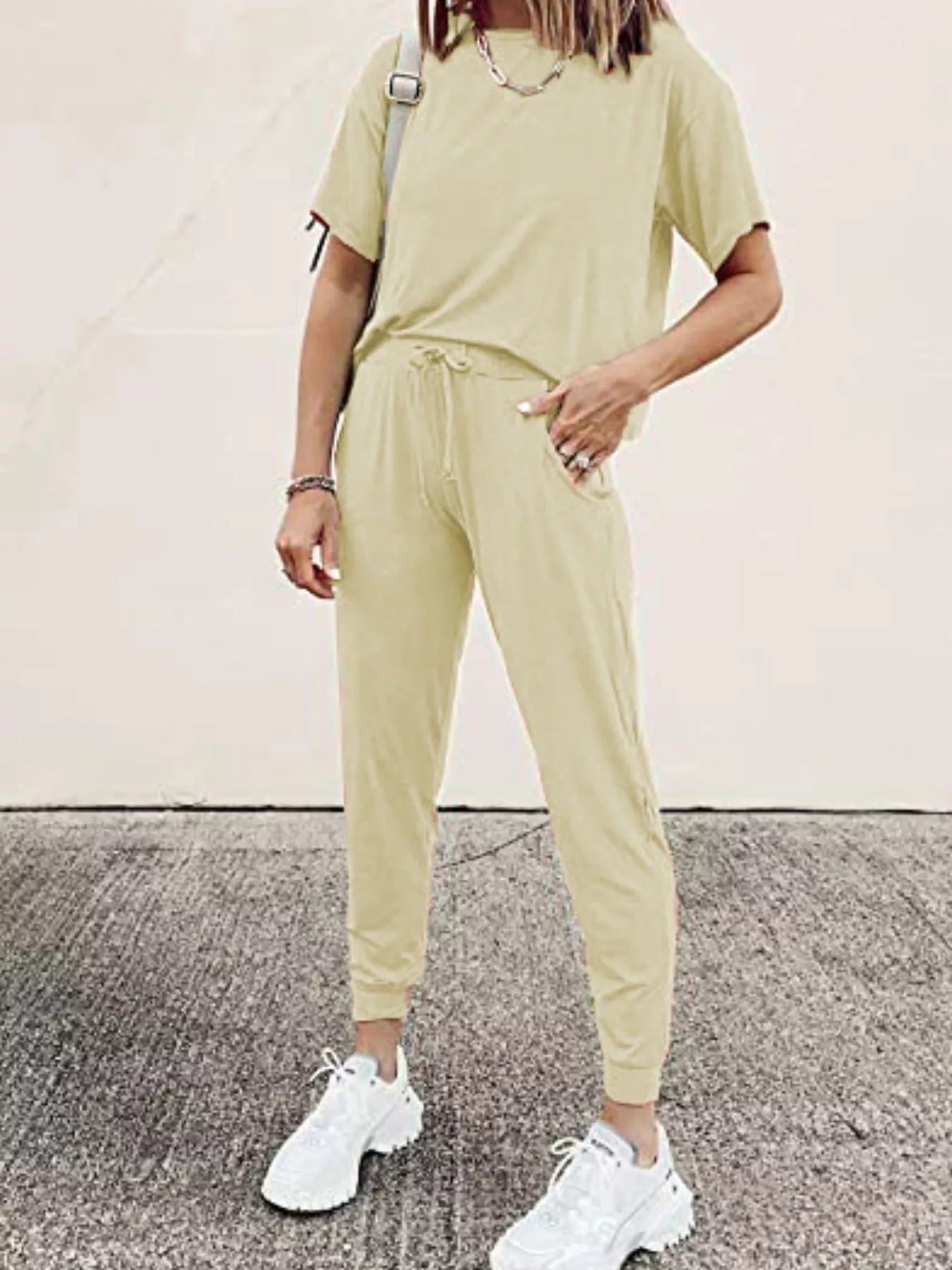 Round Neck Top and Drawstring Pants Set Plus Size in Grey for Women