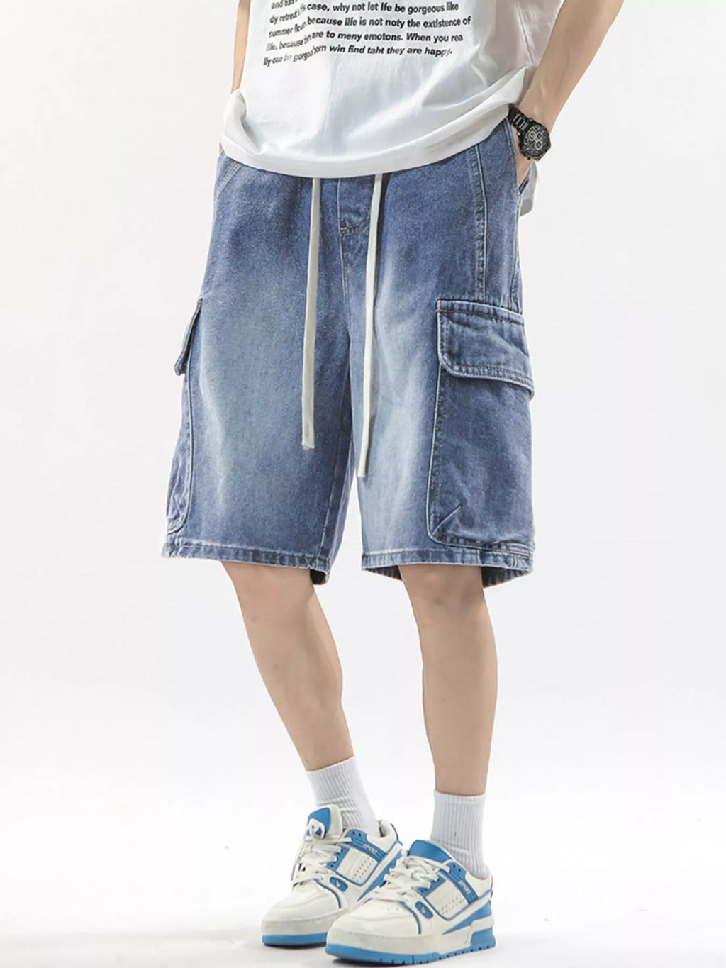 Wash Drawstring Cargo Shorts Plus Size in Vintage Blue for Men