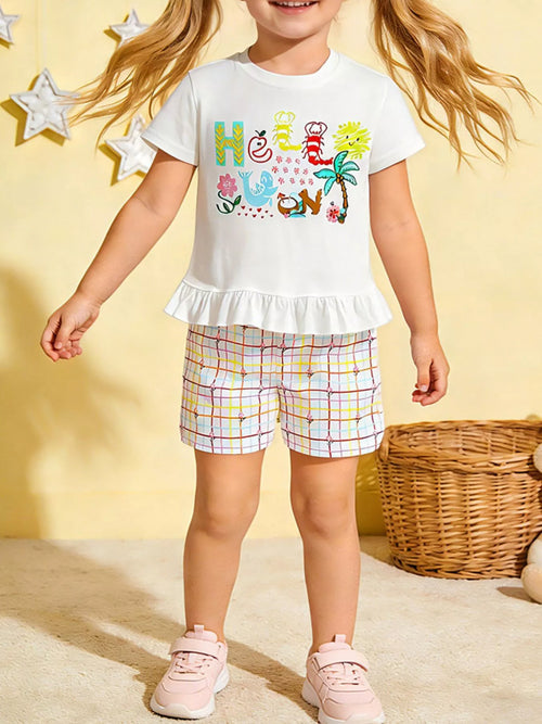 Cartoon Graphic Ruffle Trim Tee & Plaid Shorts Set in White for Girls