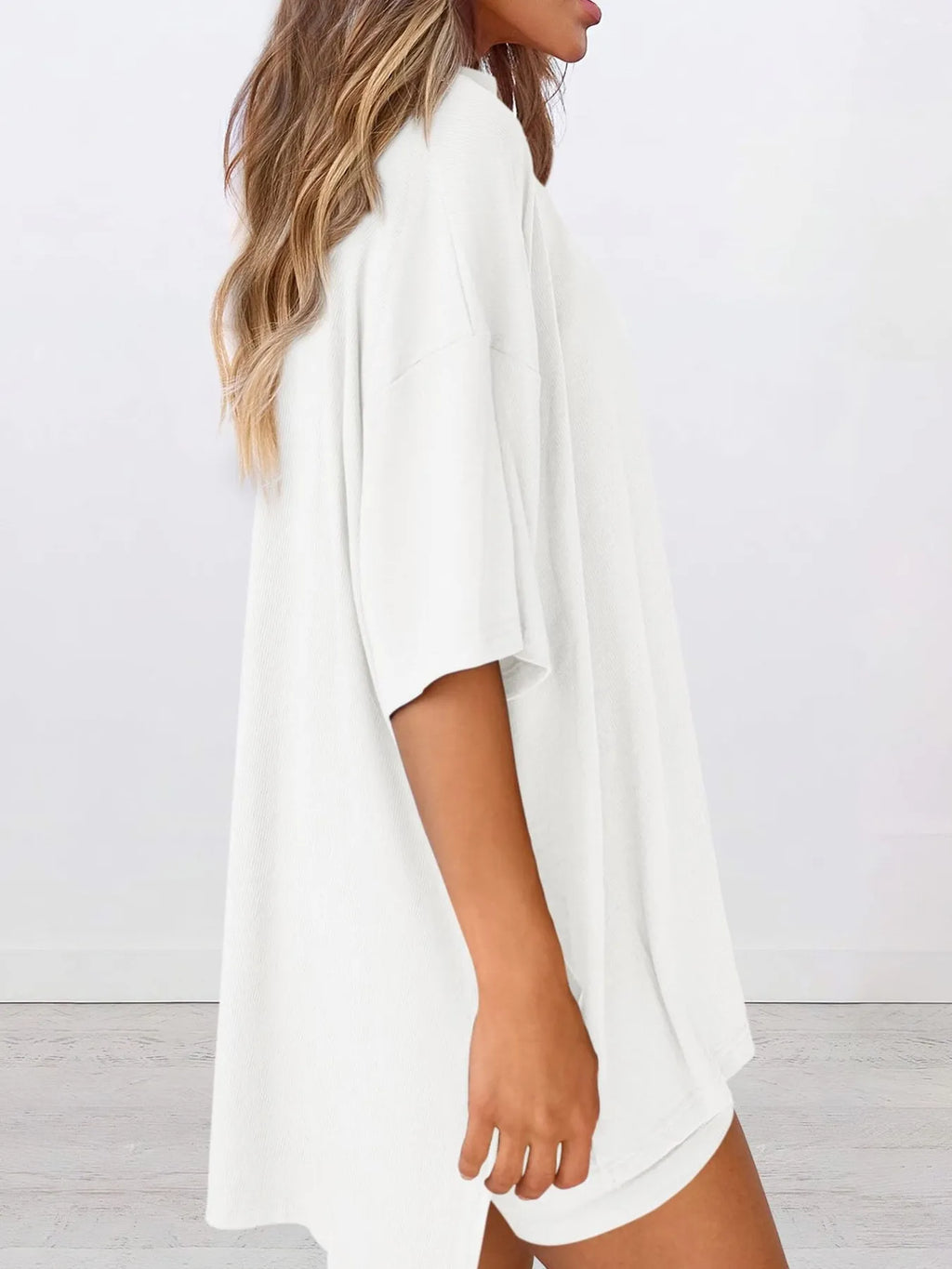 Oversized Slit Round Neck Top and Shorts Lounge Set Plus Size in Green for Women