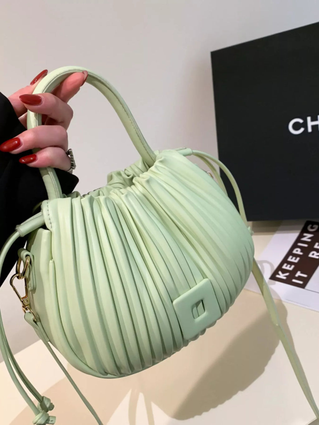 Pleated Bucket Crossbody Bag with in Light Green for Women