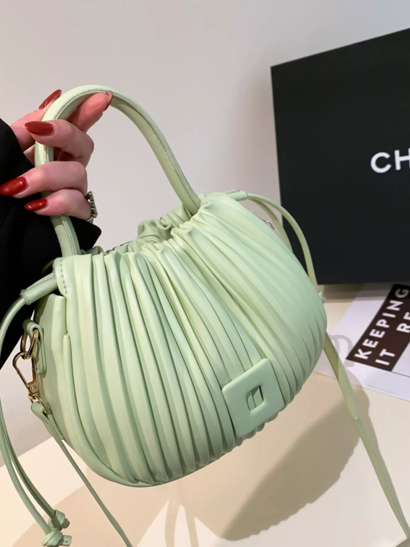 Pleated Bucket Crossbody Bag with in Light Green for Women