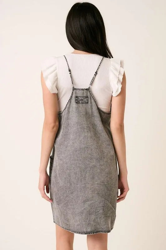 Washed Patch Pocket Mini Cami Denim Dress in Gray for Women