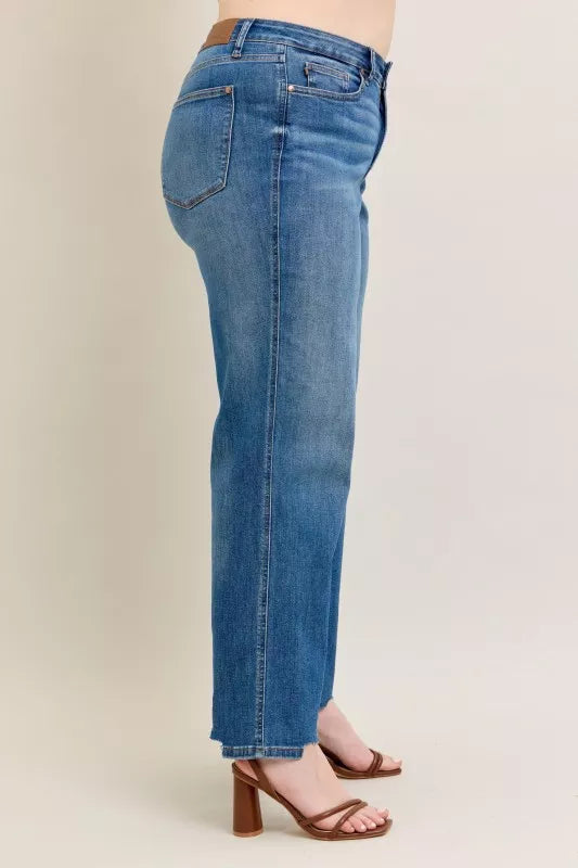 High Waist Tummy Control Chew Hem Destroy Wide Jeans Plus Size for Women
