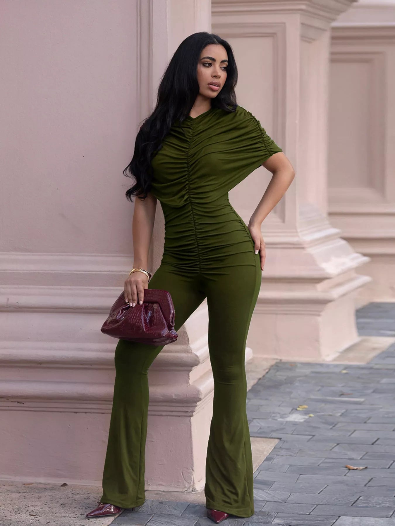 Ruched Flare Leg Jumpsuit in Burgundy for Women