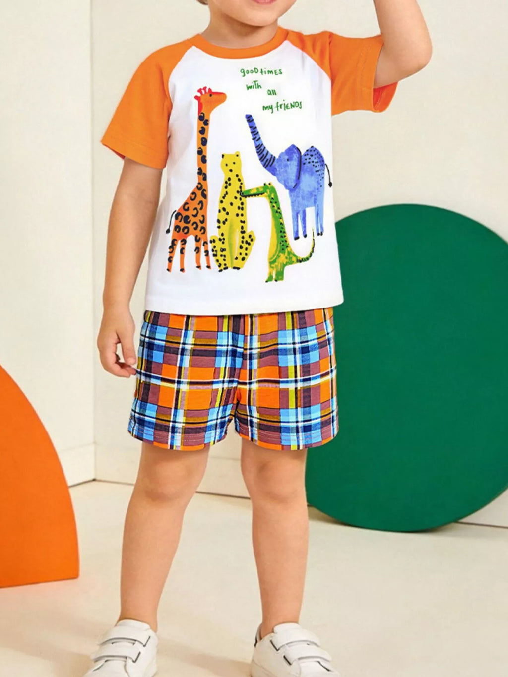 Animal Print Tee & Plaid Shorts Set in Orange for Boys