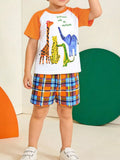 Animal Print Tee & Plaid Shorts Set in Orange for Boys