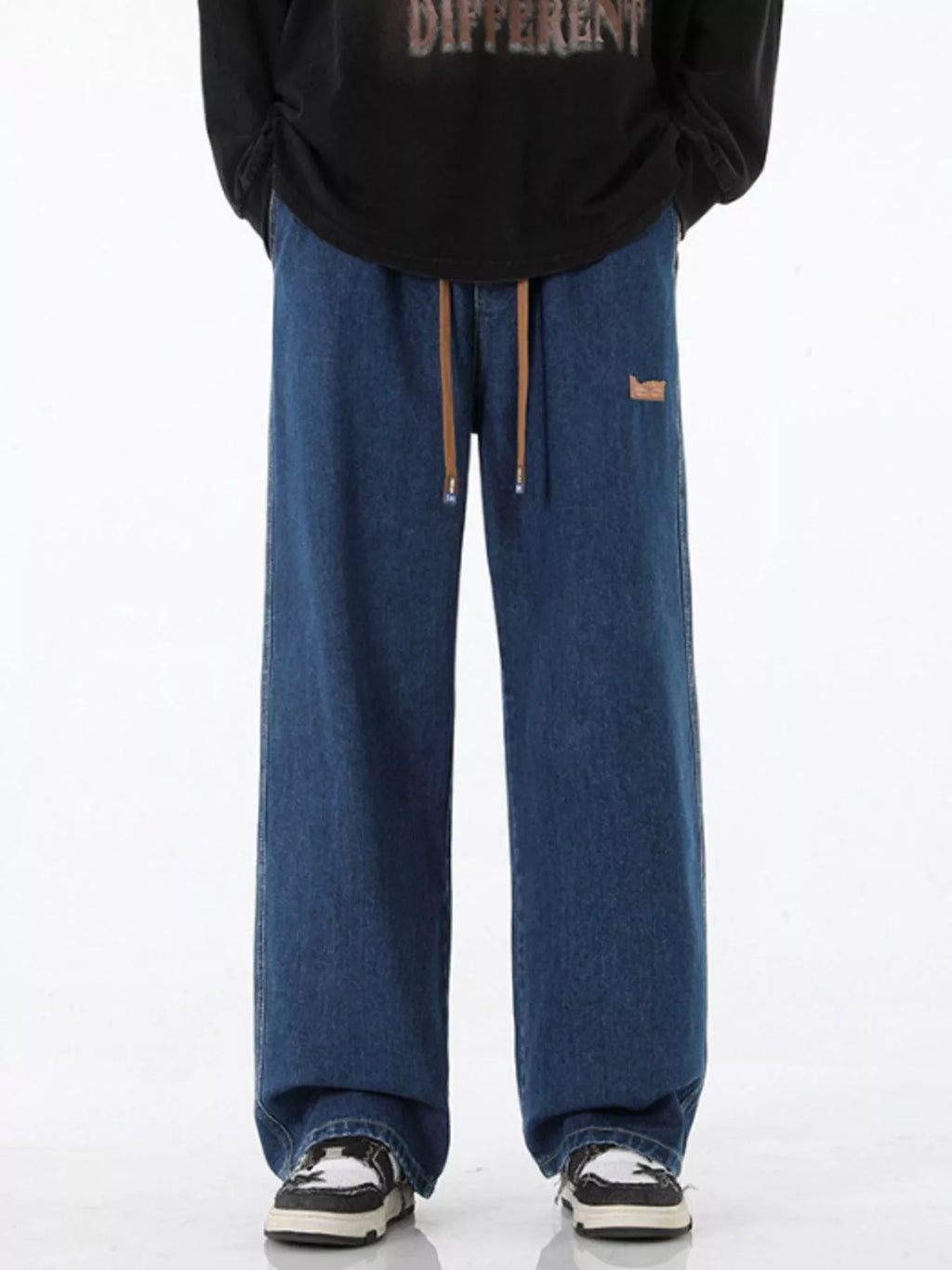 Plus Size Wide Leg Drawstring Jeans in Blue and Gray for Men