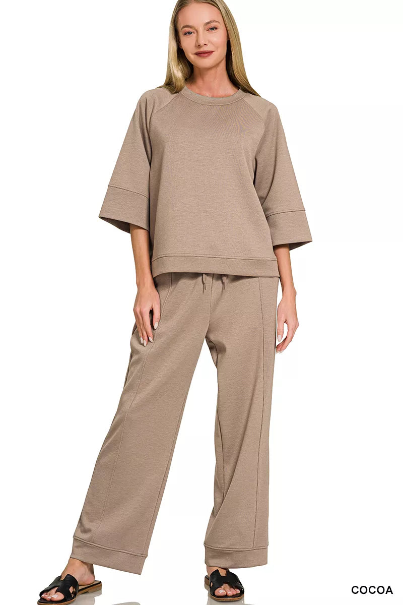 Scuba 3/ 4 Sleeve Pullover & Pants Set in Cocoa for Women