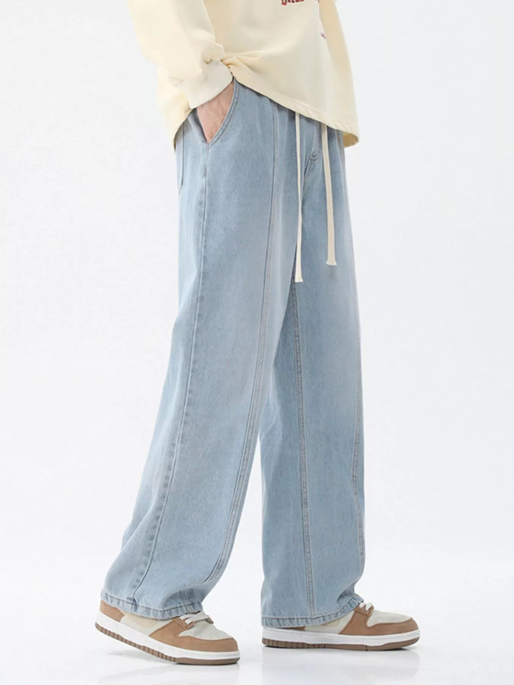 Drawstring Wide Leg Jeans Plus Size in Light Blue for Men