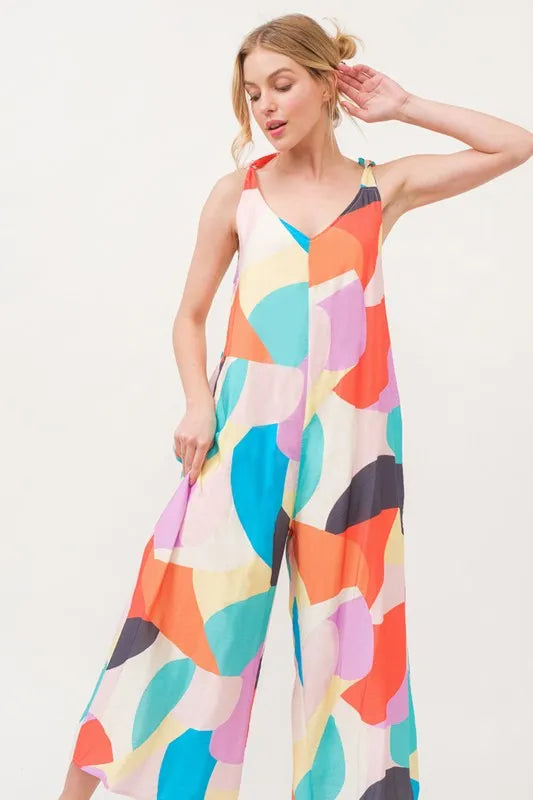 Tied Shoulder Straps Wide-Leg Geo Print Jumpsuit in Yellow Multi for Women
