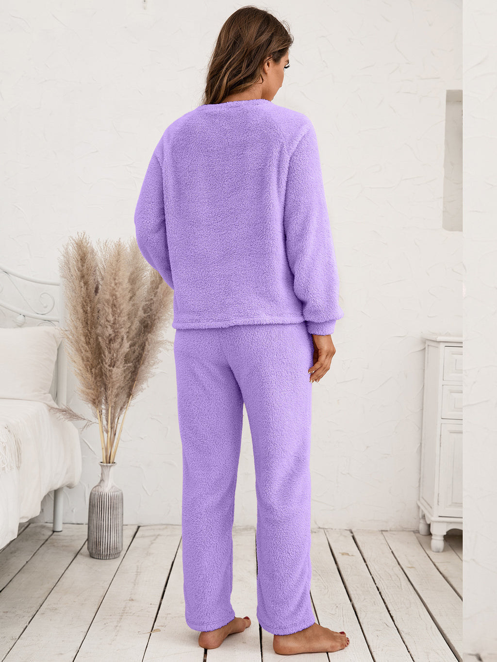 Ivy Lane Teddy Long Sleeve Top and Pants Lounge Set in Watermelon Pink for Women
