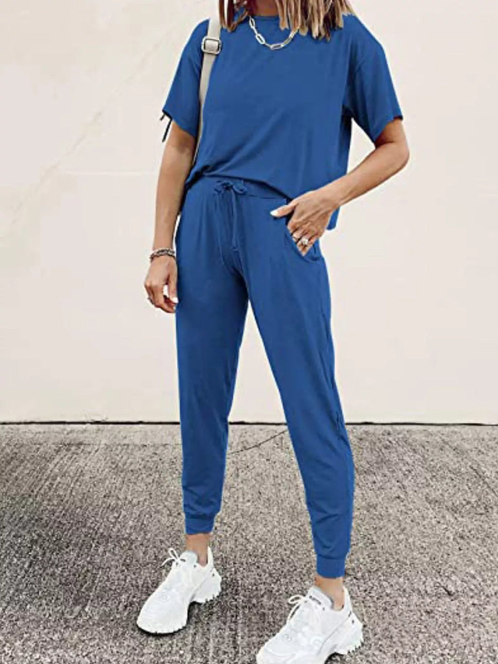 Round Neck Top and Drawstring Pants Set Plus Size in Black for Women