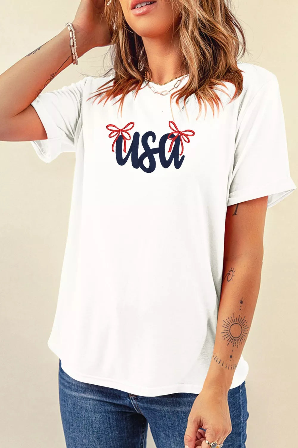 USA Lettering Bow Embroidered T-Shirt for Women
