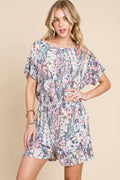 Bombom Printed Short Sleeve Drawstring Romper in Grey for Women