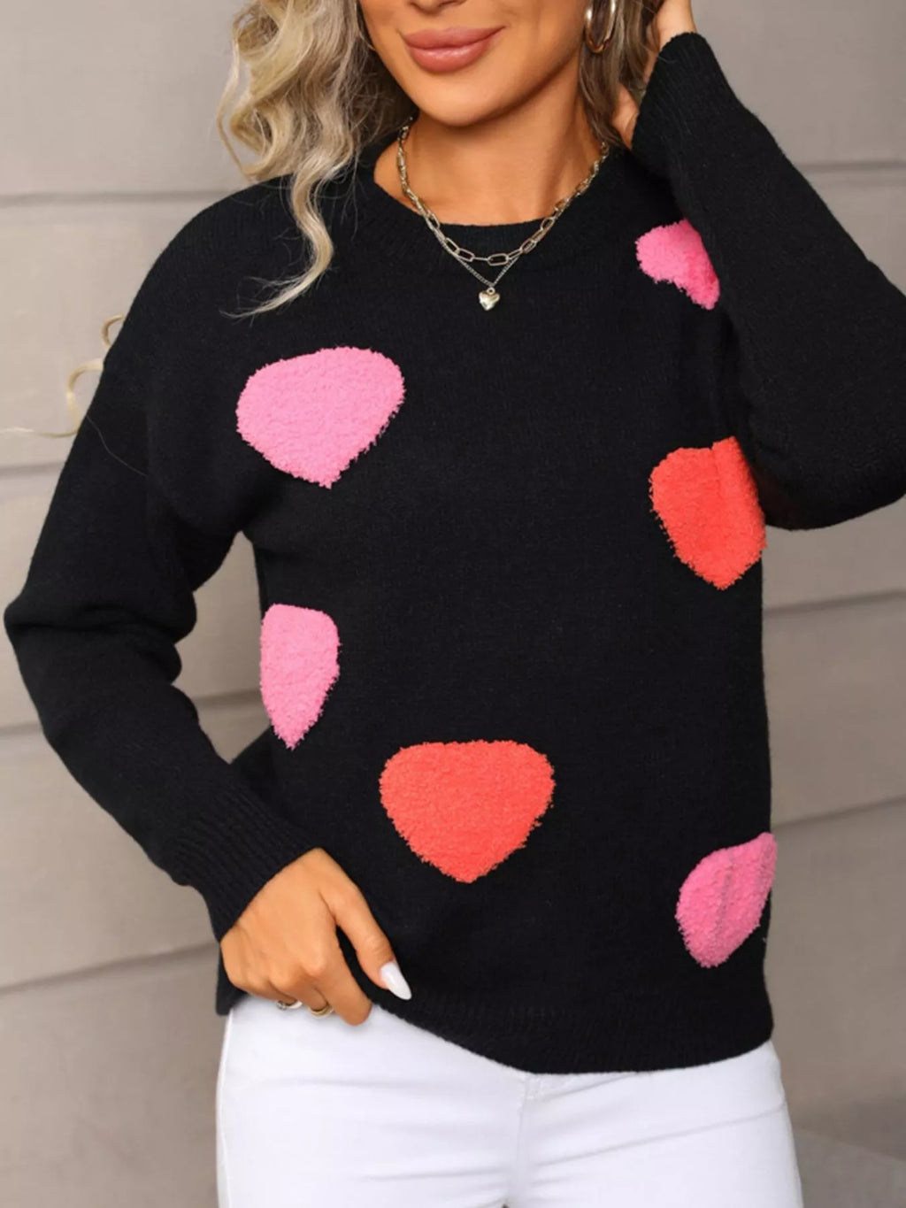 Valentines Day Heart Pattern Long Sleeve Sweater in White for Women