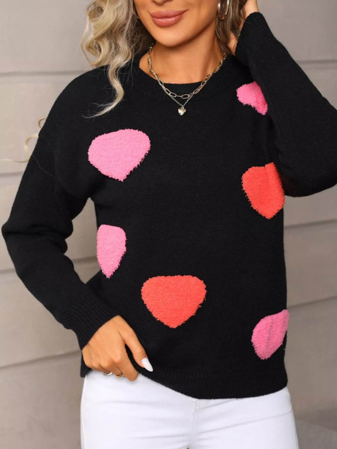Valentines Day Heart Pattern Long Sleeve Sweater in White for Women