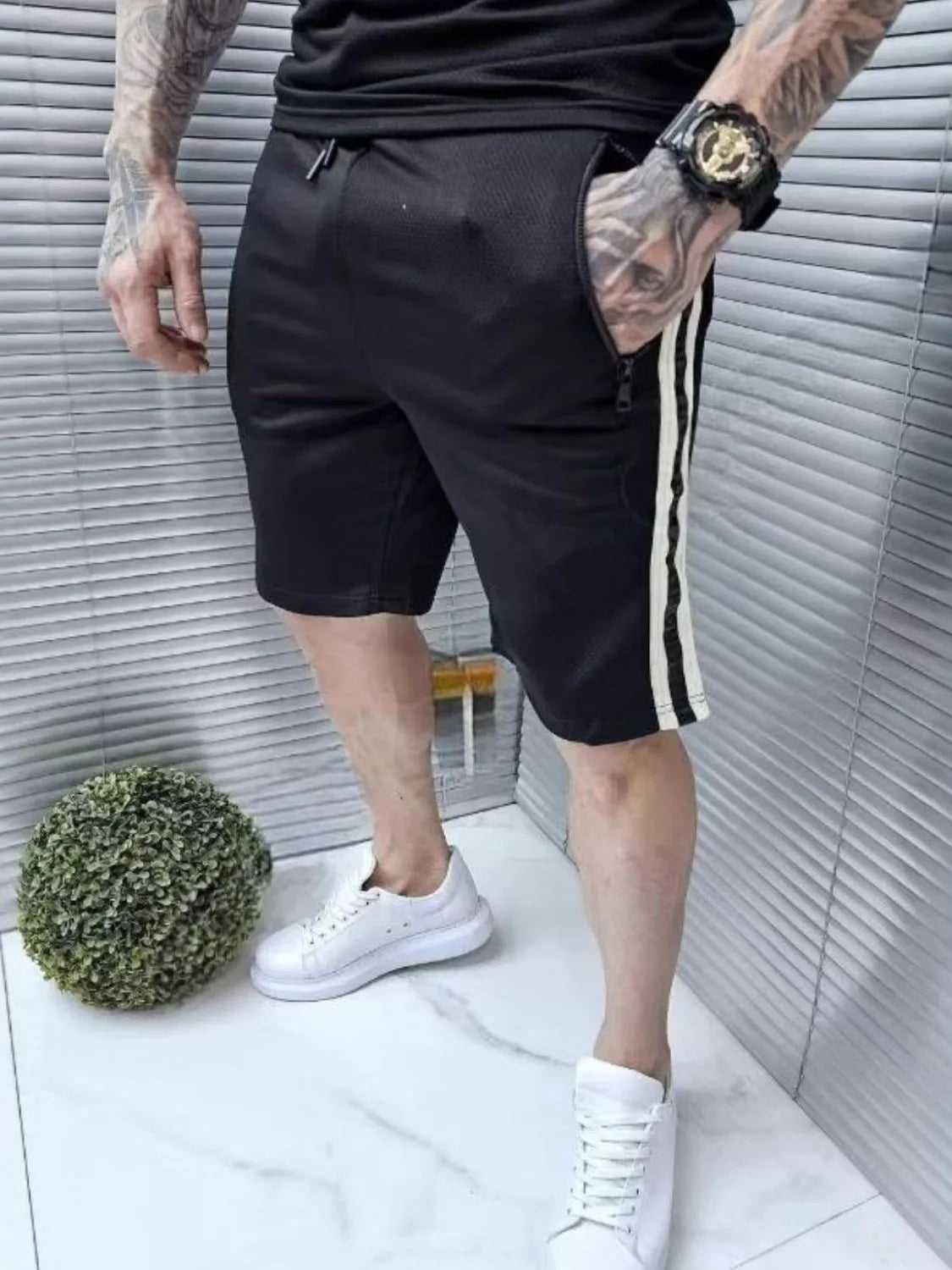 Collared Neck Short Sleeve Top and Shorts Set in White for Men