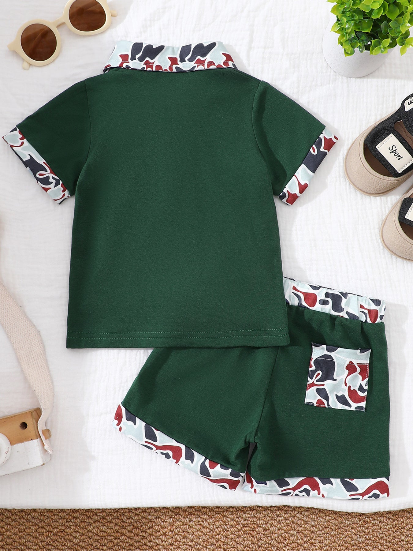 Button Detail Polo Shirt & Shorts Set in Sage for Boys