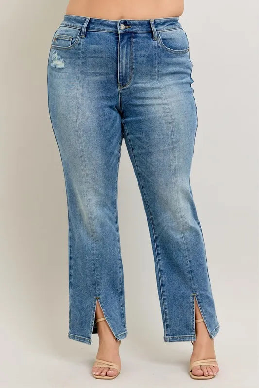 High Waist Vintage Wash Front Seam & Slit Straight Plus Size in Md for Women