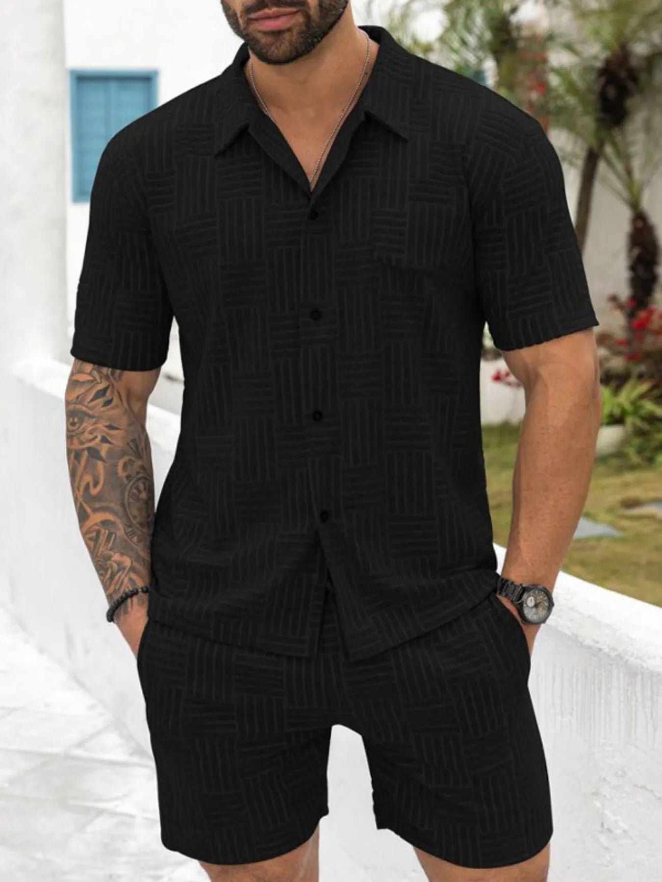 Button Up Short Sleeve Top and Shorts Set Plus Size in Black for Men