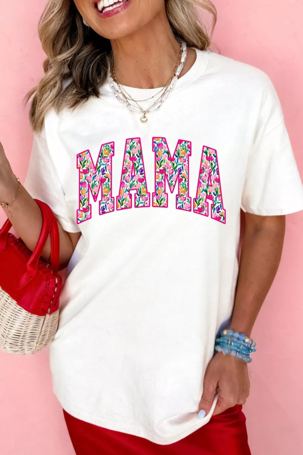 Floral Mama Graphic Casual Short Sleeve T-Shirt Plus Size in White for Women