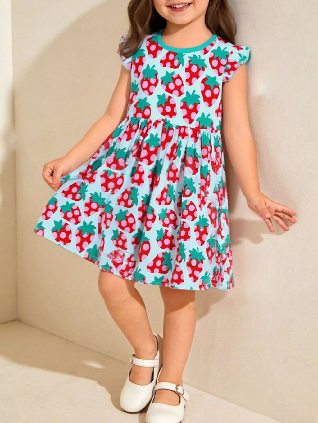 Strawberry Print Ruffle Sleeve Casual Dress in Multicolor for Girls
