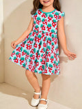 Strawberry Print Ruffle Sleeve Casual Dress in Multicolor for Girls