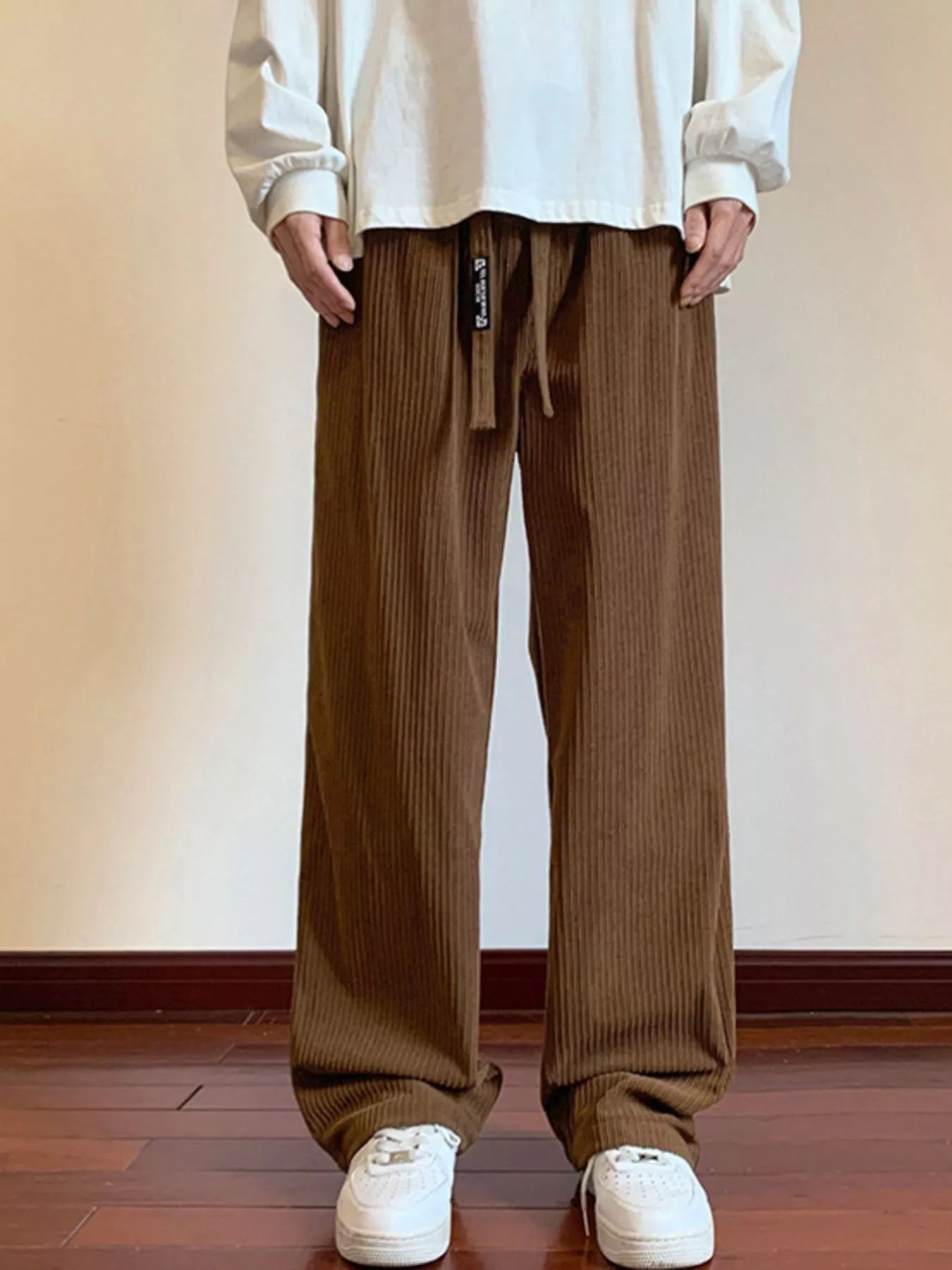 Plus Size Corduroy Wide Leg Drawstring Pants in Black for Men