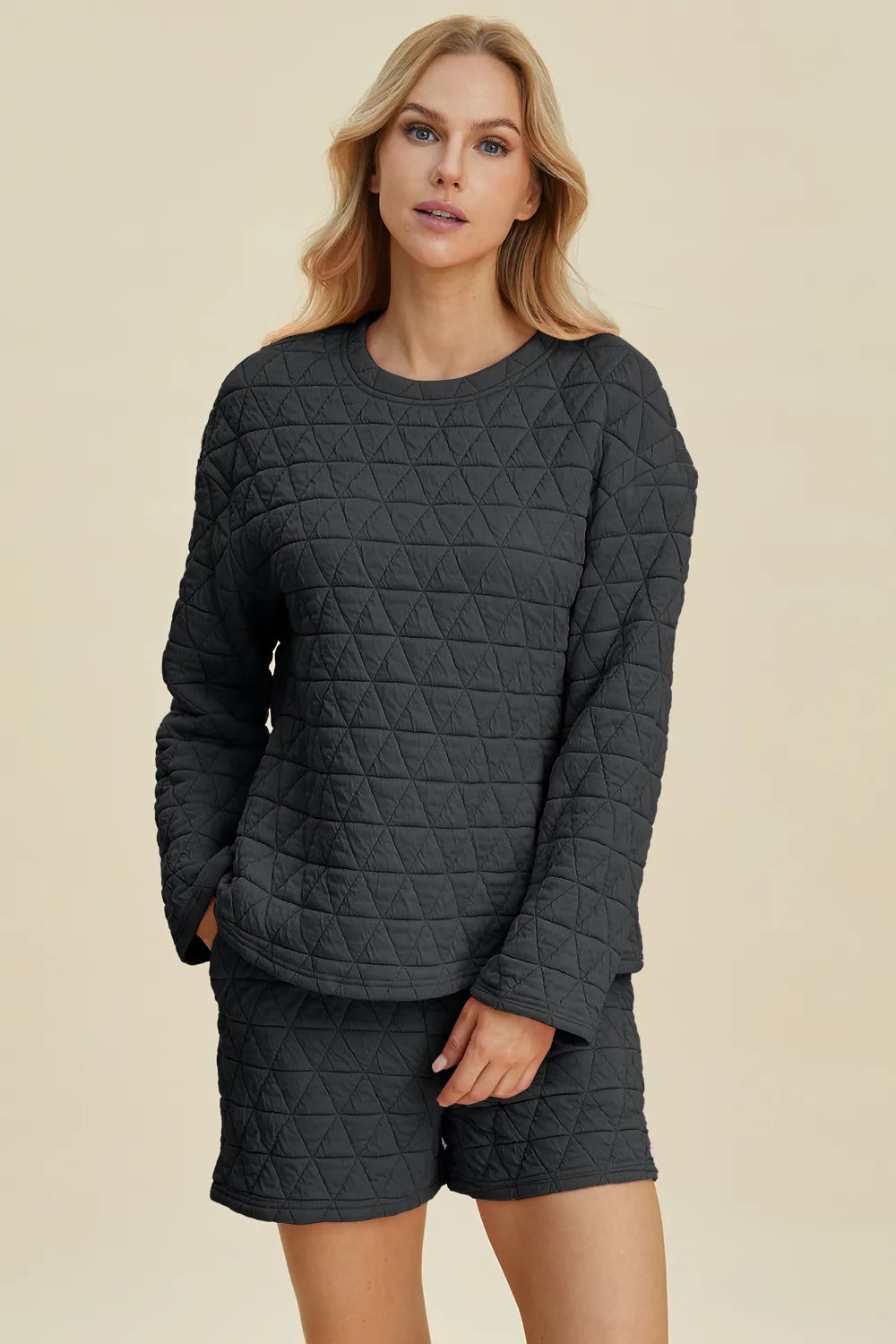 Plus Size Texture Round Neck Long Sleeve Top and Shorts Set in Pink in Black for Women