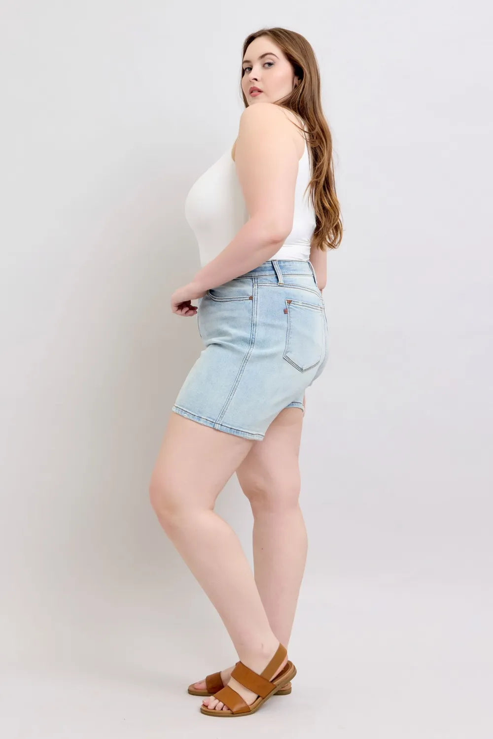 2 Button Denim Shorts with Pockets Plus Size in Light for Women