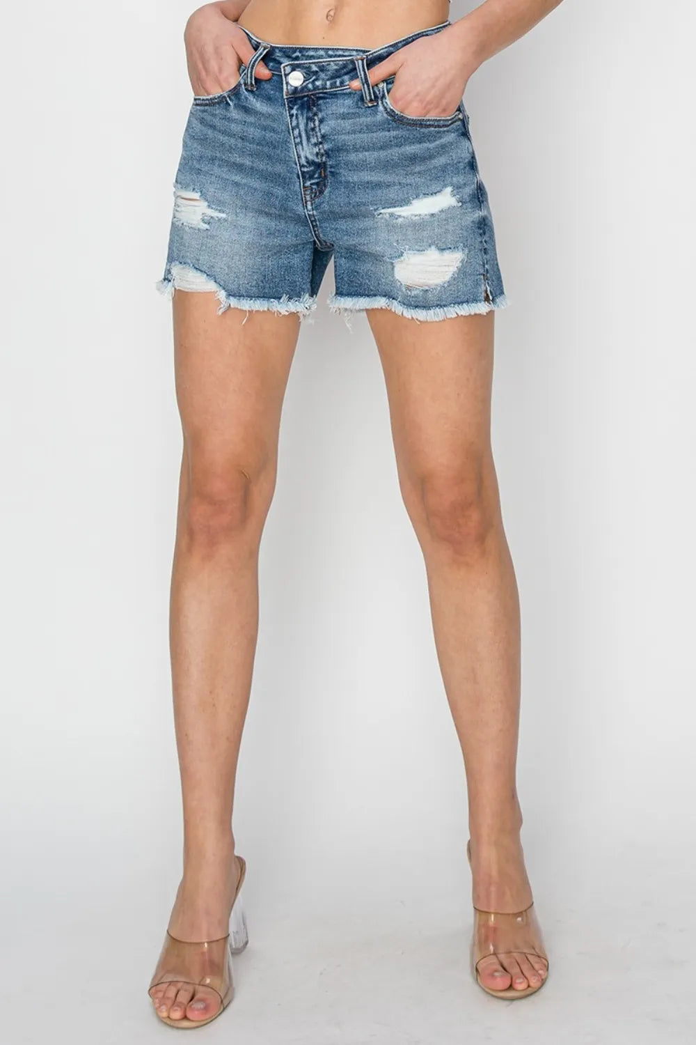 Stepped Waist Frayed Denim Shorts in Medium for Women