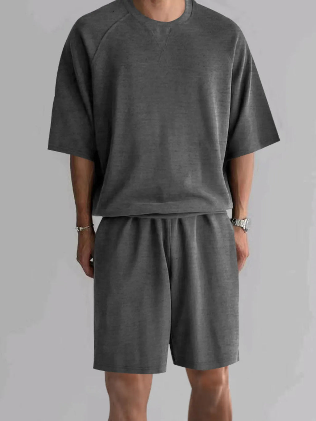 Round Neck Top and Shorts Set Plus Size in Black for Men