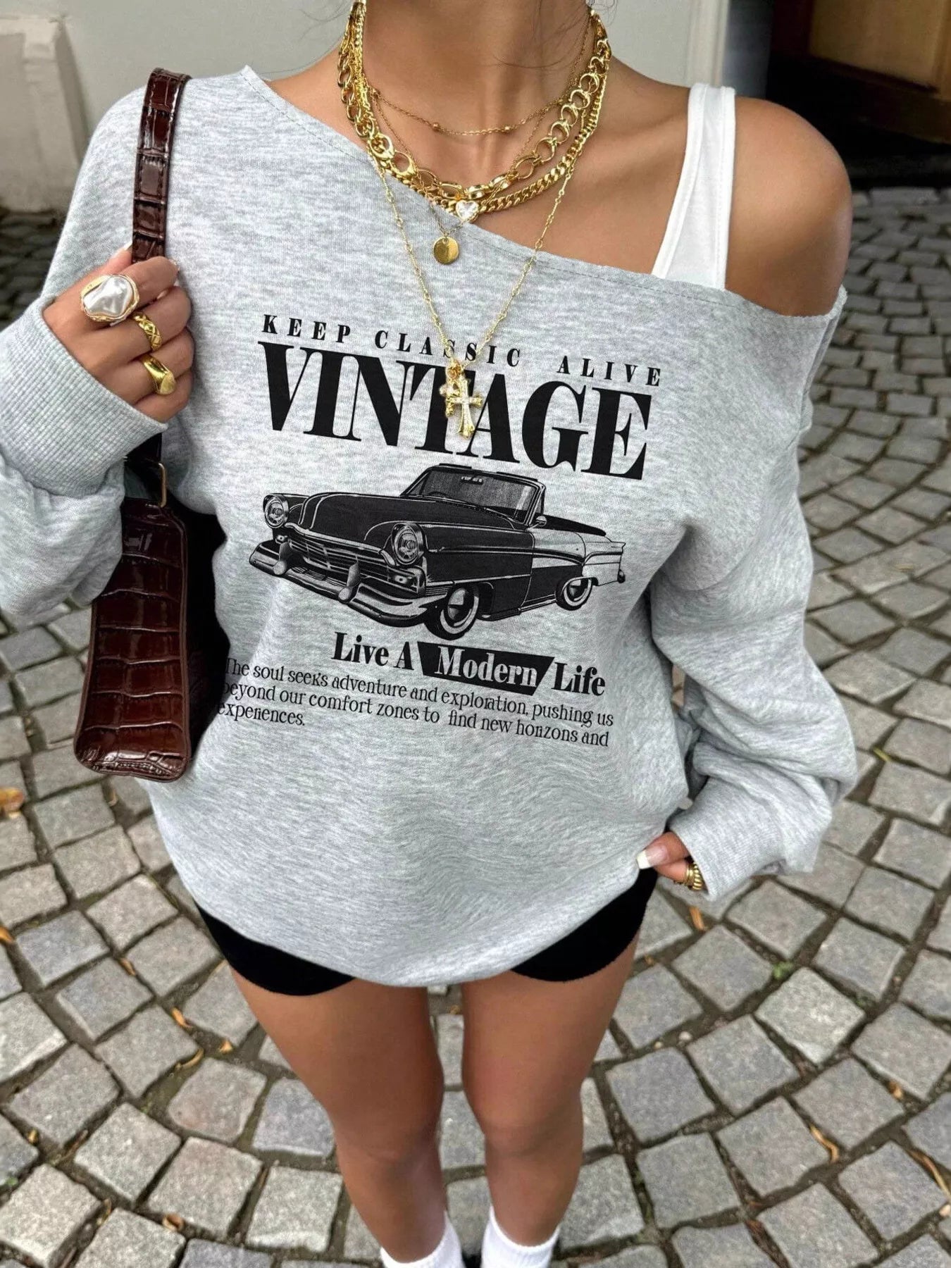 Asymmetrical Neck Long Sleeve Sweatshirt in Gray for Women