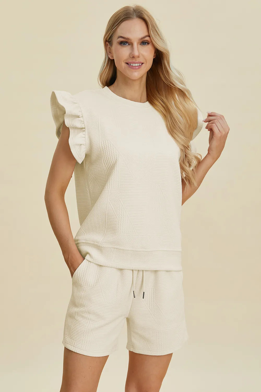Plus Size Texture Round Neck Ruffle Sleeve Top and Shorts Set in Cream for Women