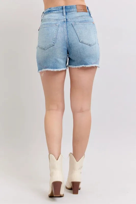 High Waist Western Embroidery Detail Cut Off Denim Shorts Plus Size in Light for Women