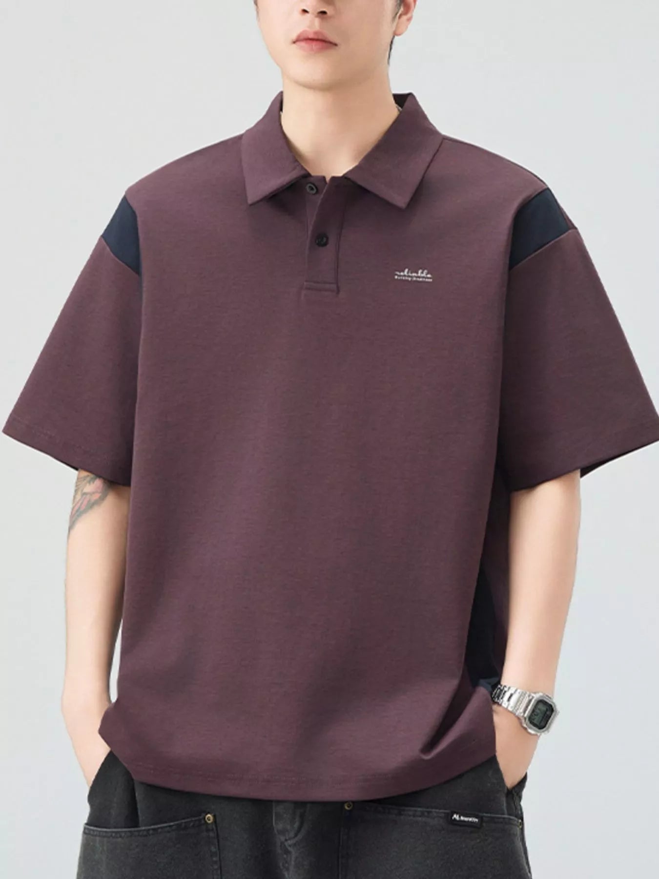 Plus Size Button Detail Short Sleeve Polo in Khaki Green in Purple for Men