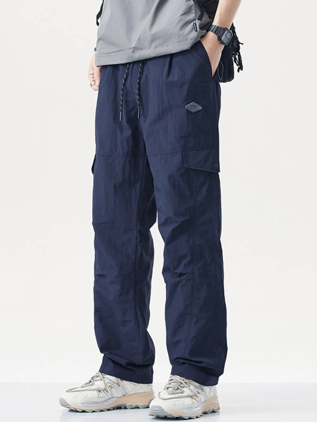 Plus Size Relaxed Fit Cargo Pants with Drawstring in Navy Blue for Men