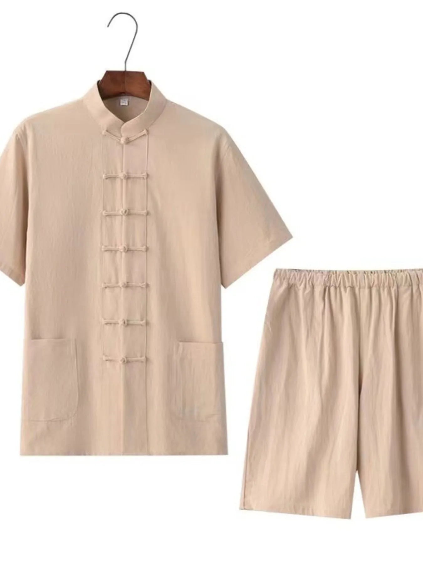 Plus Size Chinese Style Top and Shorts Set in White for Men