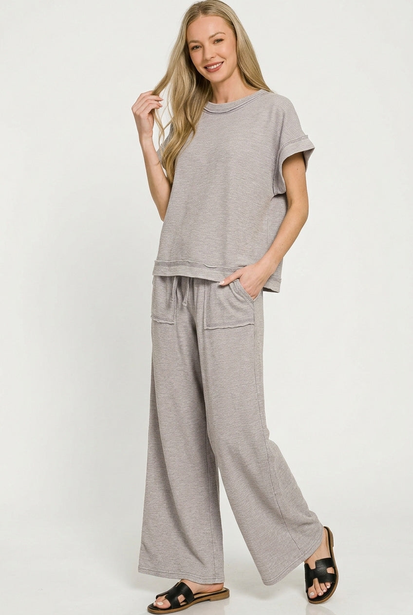 Washed Slub Short Sleeve Tee & Long Pants Set in Sleet for Women