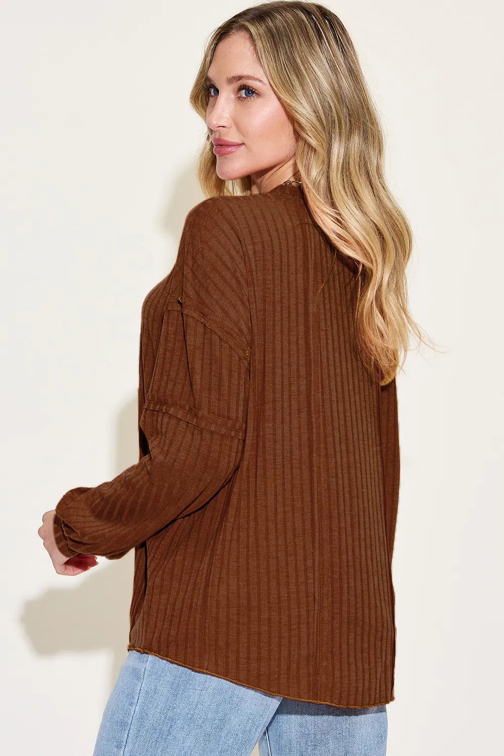 Plus Size Ribbed Round Neck Long Sleeve T-Shirt in Dark Brown for Women