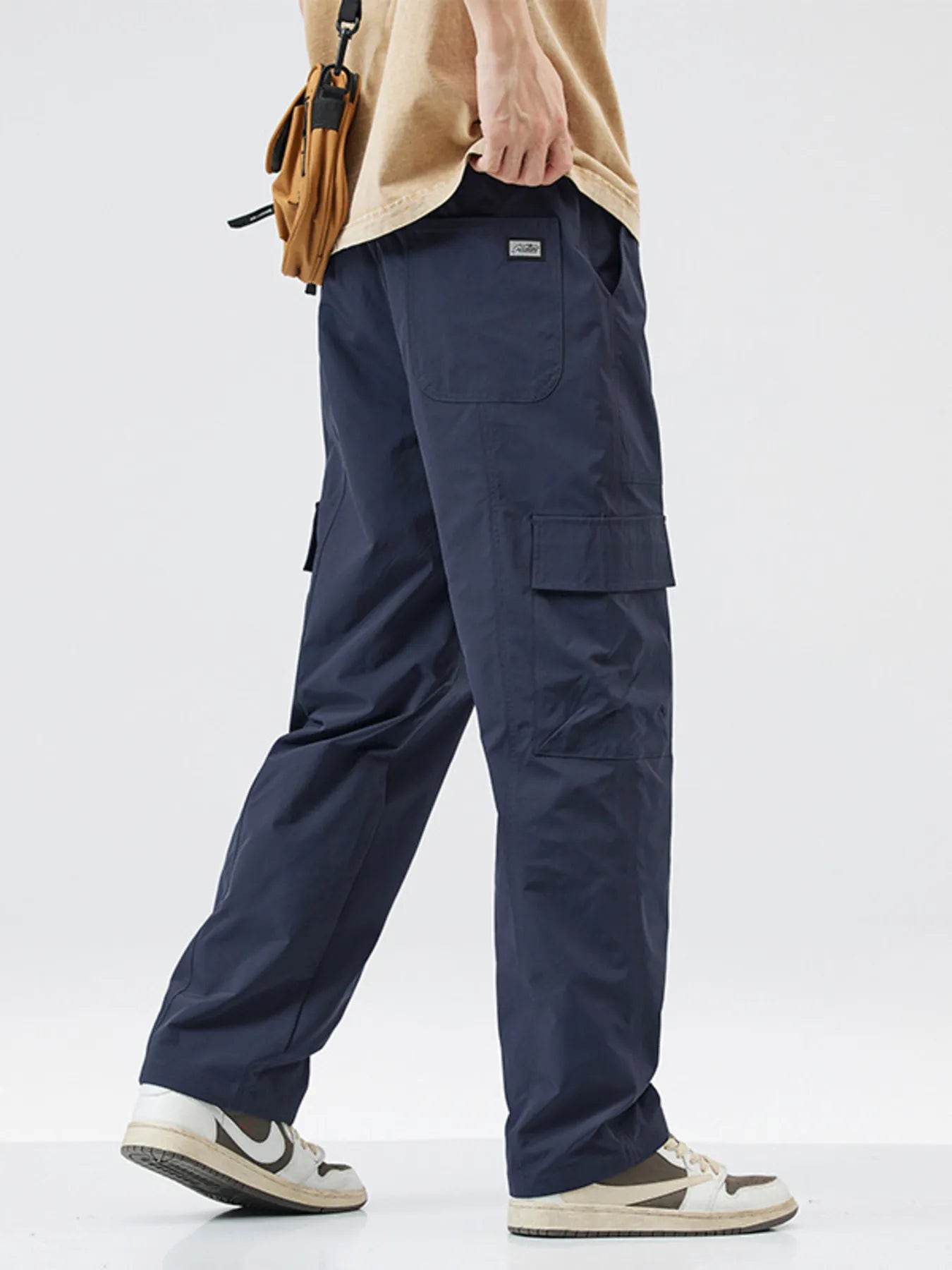 Relaxed Fit Cargo Pants with Drawstring Plus Size in Black for Men