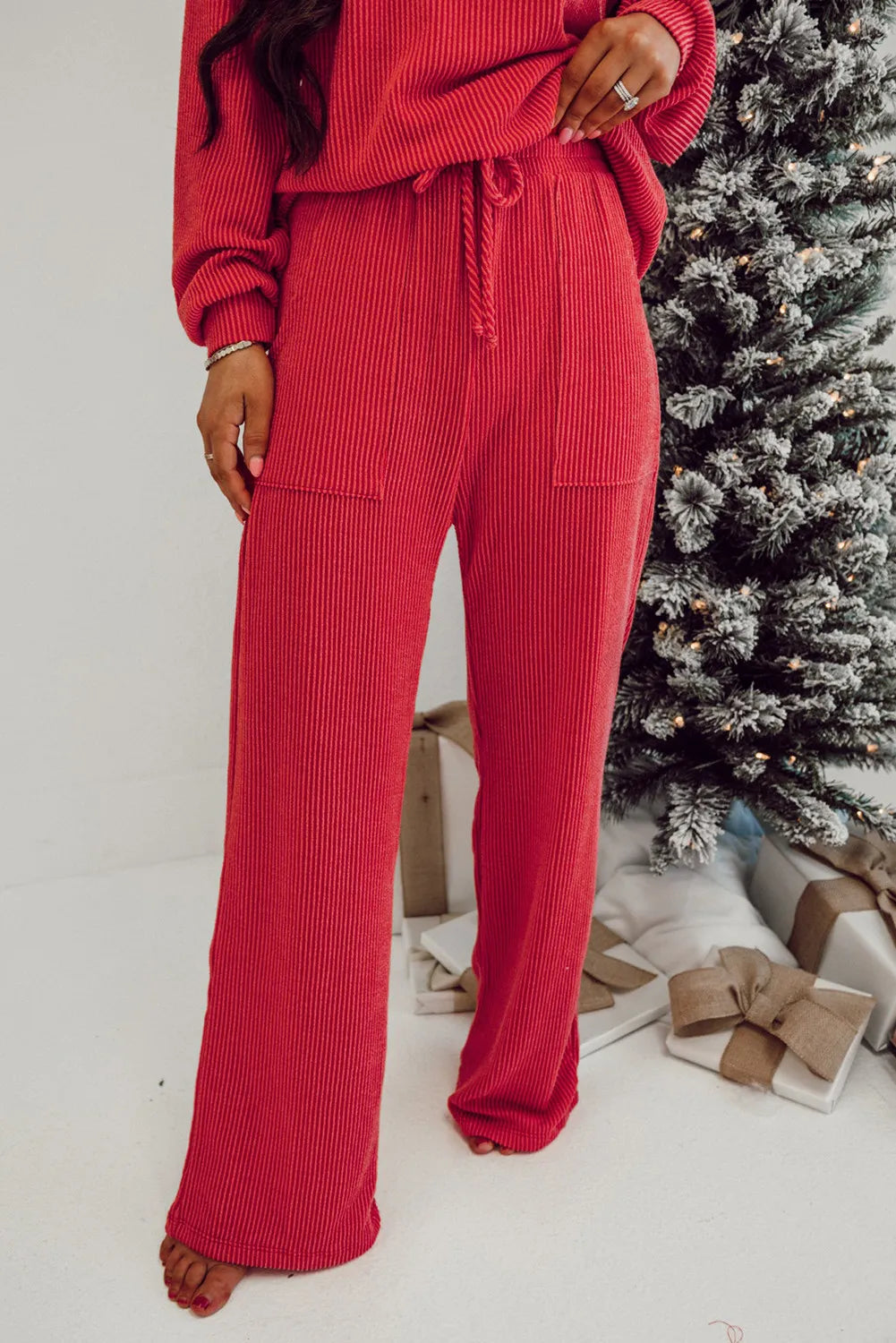 Jolly Round Neck Long Sleeve Top and Pants Lounge Set in Deep Red for Women