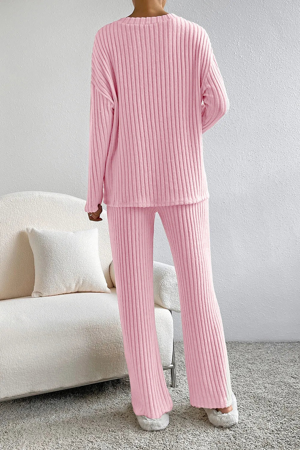 Ribbed V-Neck Top and Pants Lounge Set in Cloudy Blue for Women