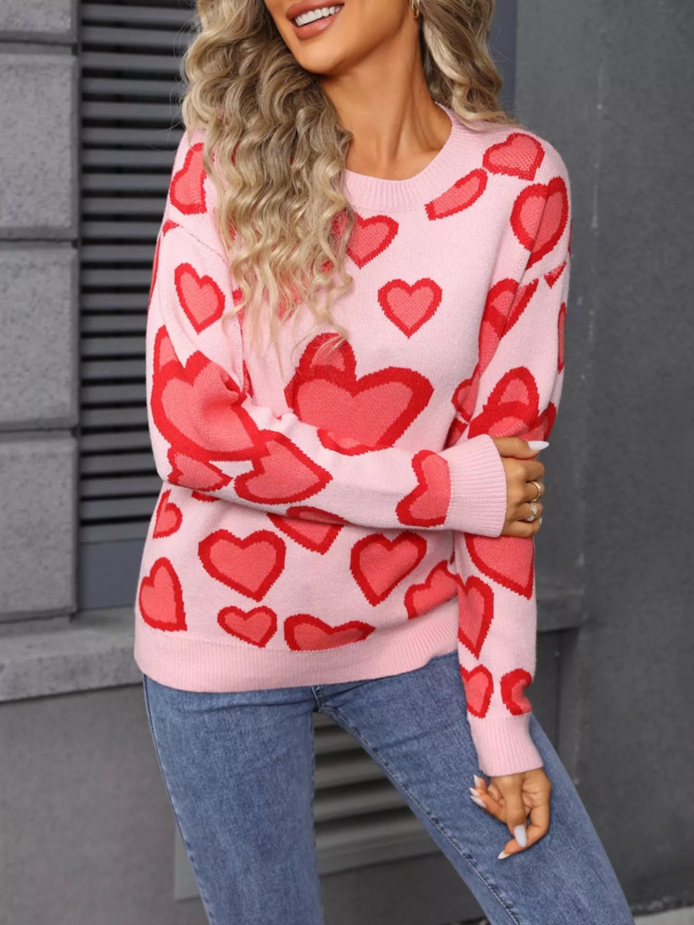 Valentines Day Heart Crew Neck Sweater in Pink in White for Women