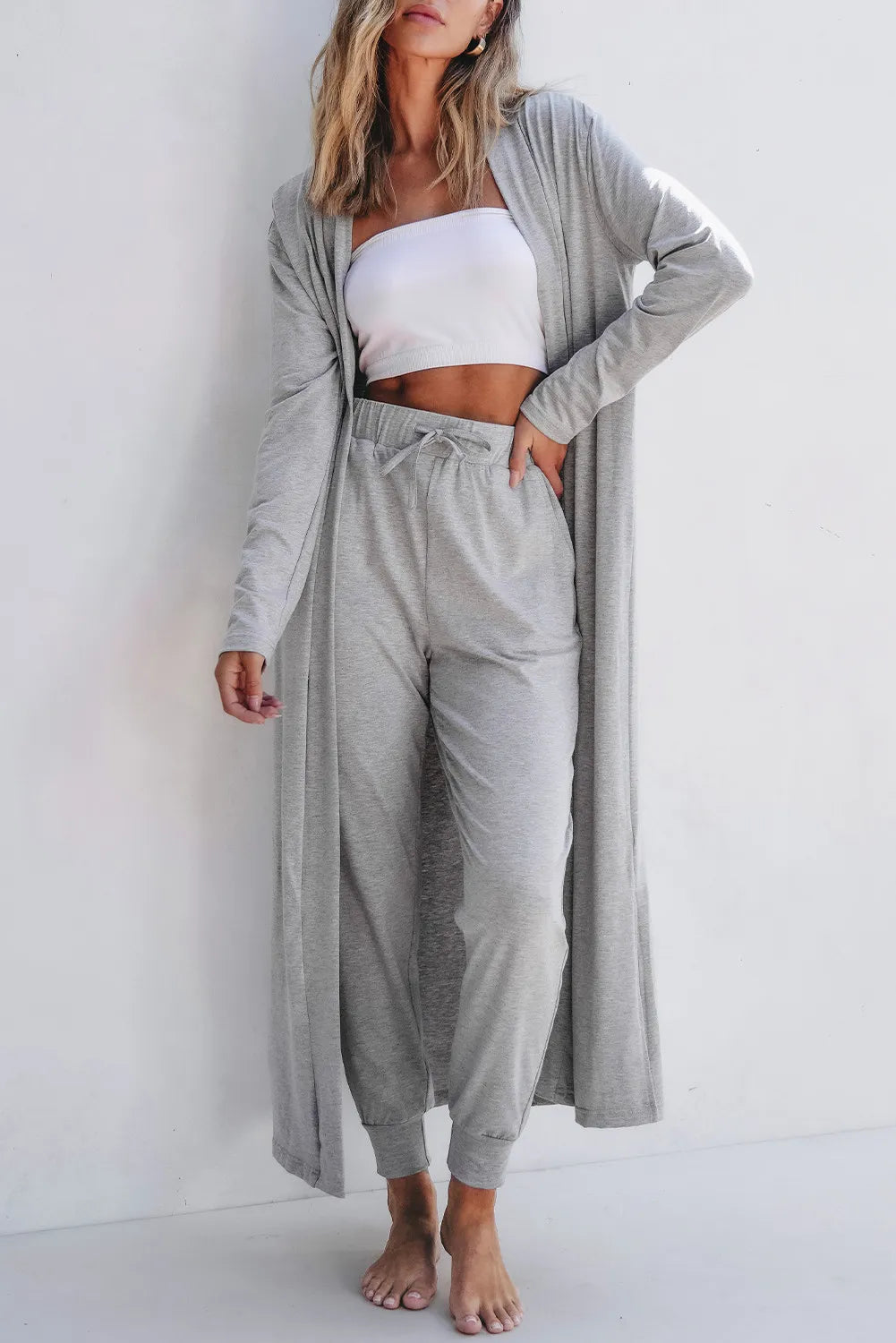 Open Front Long Sleeve Cardigan and Pants Lounge Set in Gray for Women