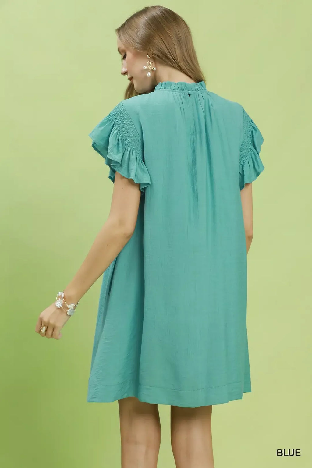 Ruffle Flutter Sleeve Dress in Mint Blue for Women