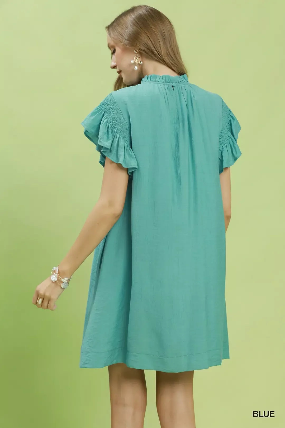 Ruffle Flutter Sleeve Dress in Mint Blue for Women